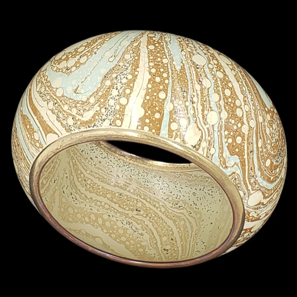 Vintage bangle bracelet brass‎ and enamel cream, aqua, tan